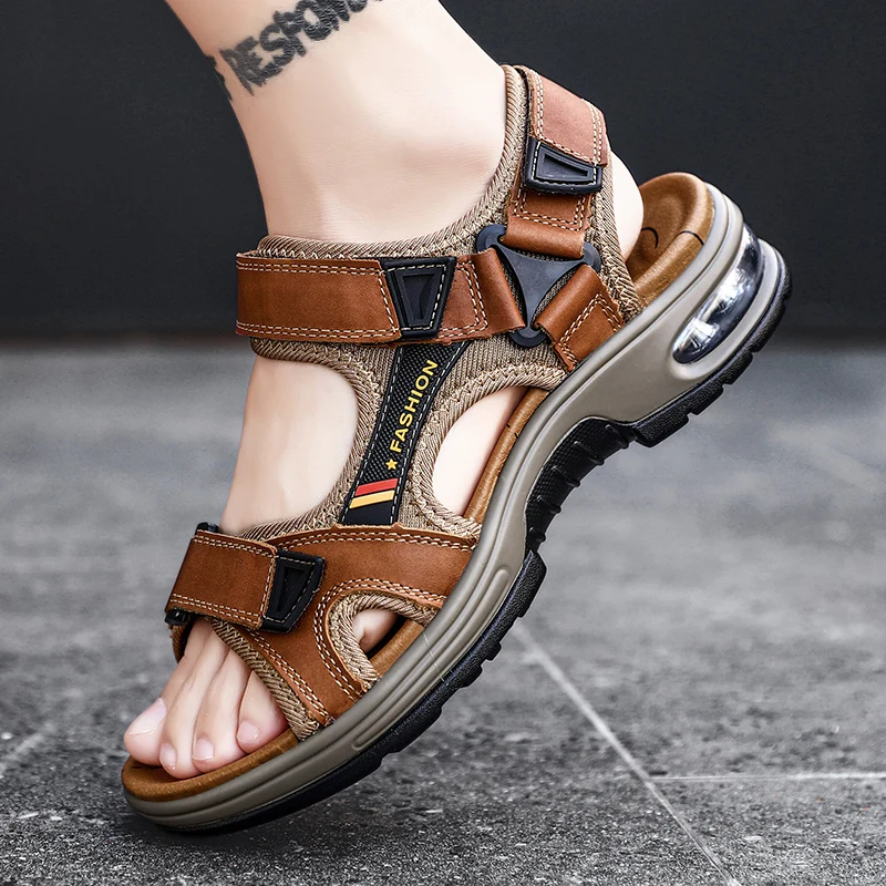 

Qmaigie Men Sandals Genuine Leather Men Slippers Summer Beach Sandals Soft Comfortable Outdoors Wading Shoes big size 46 47