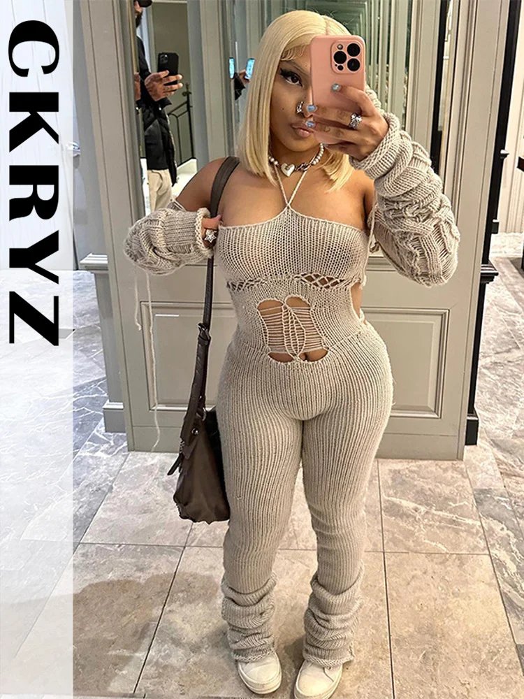 

Женский трикотажный комбинезон с открытыми плечами, длинным рукавом и открытой спиной