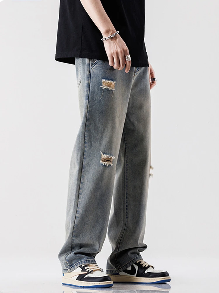 Vintage Blue Y2K Men's Baggy Jeans Loose Straight Leg Denim Pants Casual Loose Straight Denim Baggy Blue Pants Men Jeans