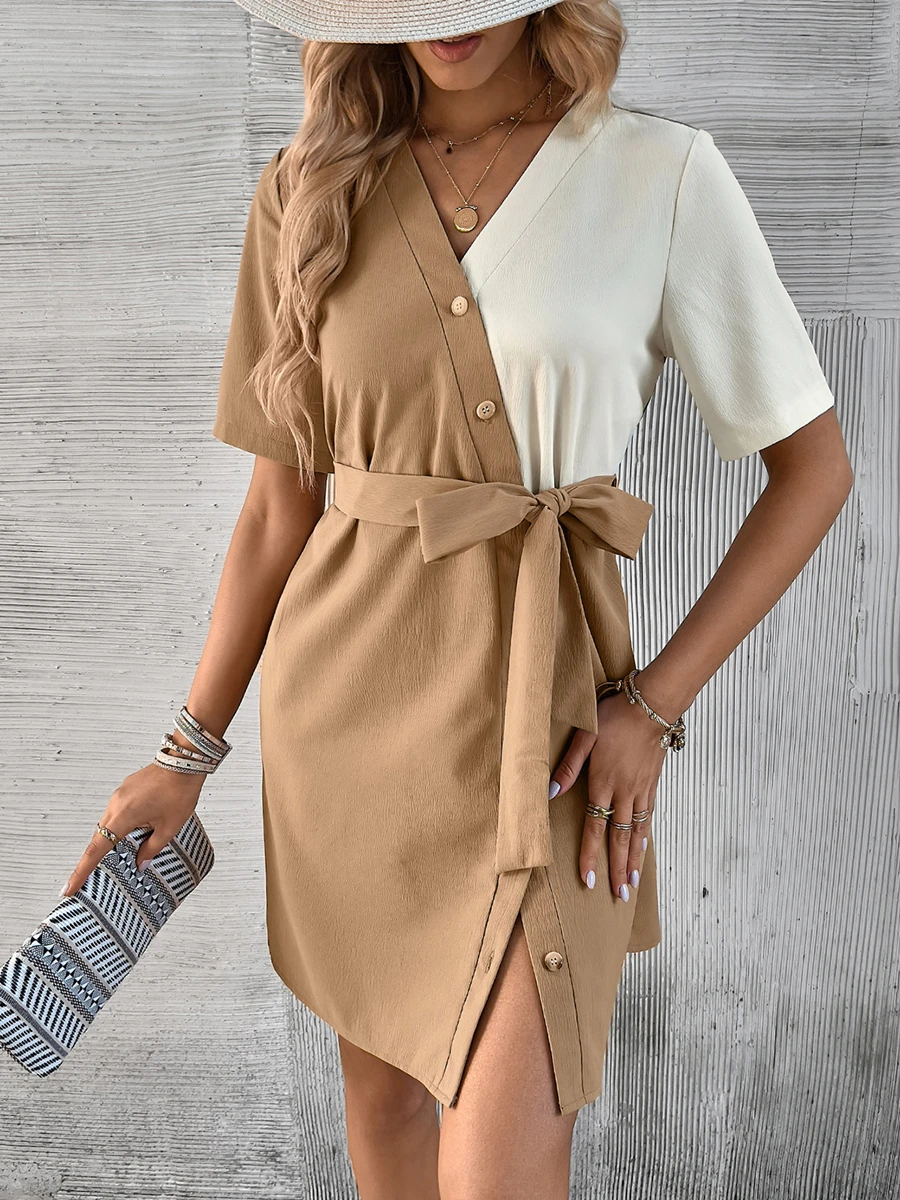 

Fulkio Women's V-neck Patchwork Irregular Dress Urban Occupation 2023 Belt Temperament Commuter Women's Wholesale