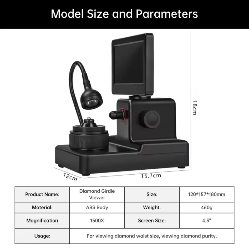 Прибор для измерения пояса бриллиантов 4,3 дюйма, микроскоп с увеличением 1000Х, профессиональный инструмент для ювелирных изделий (art.: 3920dbdd8013e) - 3920dbdd8013e