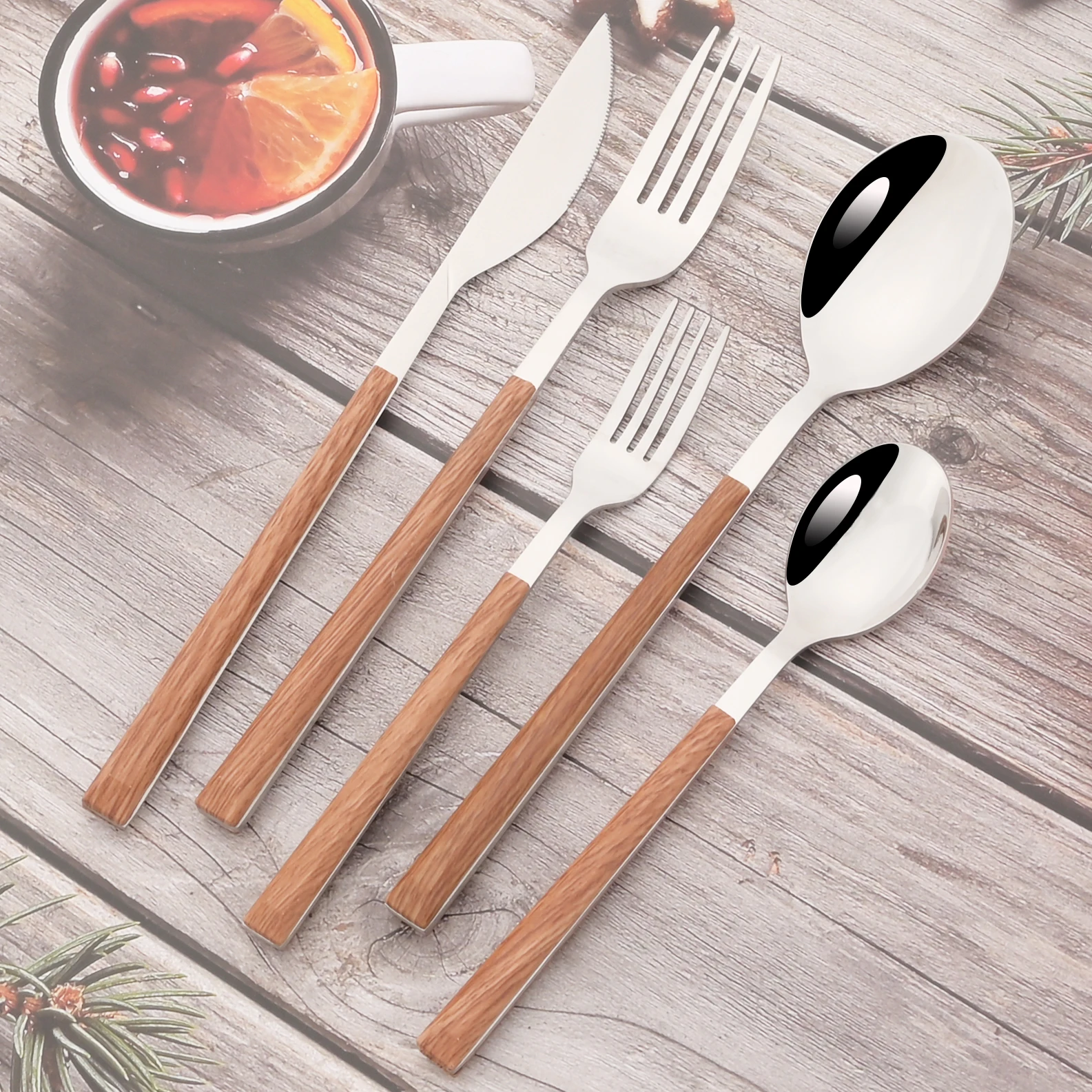 

Flatware Dinnerware Set Forks Stainless Knife Set Steel Spoon Steak Brown Cutlery Wood 24/30pcs Dessert Kitchen Handle Tableware