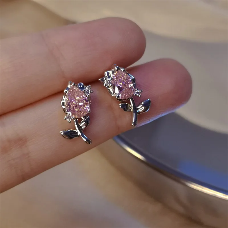 

Korean Earrings Women's Earrings Tulip Flower Earrings Versatile Earrings Light Luxury Elegant Micro Inlaid Earrings for Women