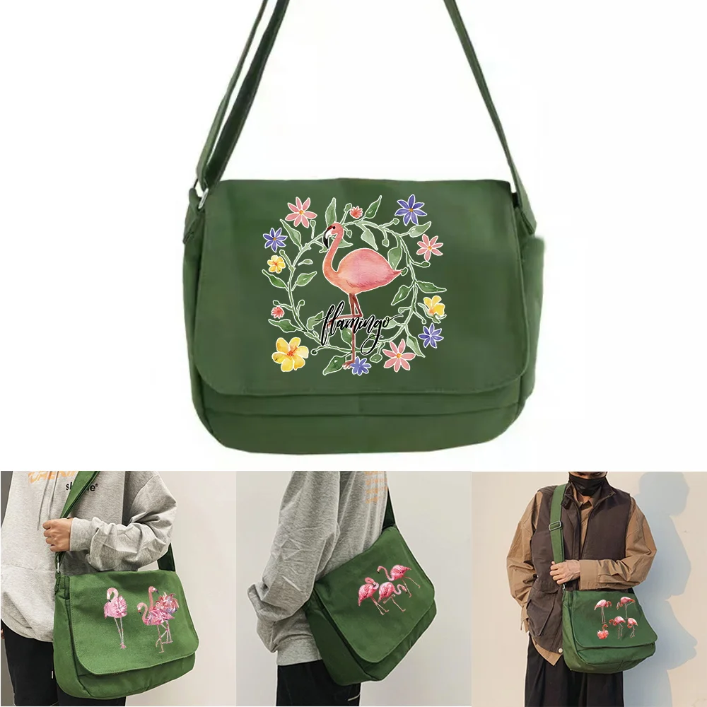 Green Soft Canvas Leisure Travel Messenger Bag For Women Fashion Crossbody Package Flamingo Series