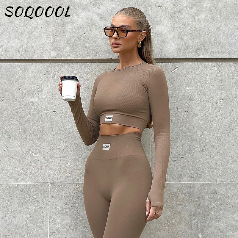 

Womens Two Peice Sets Outifits Long Sleeve Crop Top Leggings Casual Fit Slim Suit Women Yoga Running Fitness Tracksuits