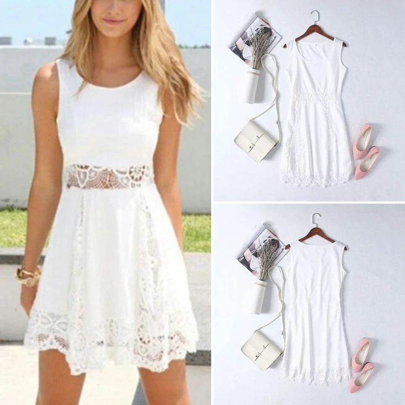 

Women's Sleeveless Floral Hollow Sundress Casual Lace Short Mini Dress