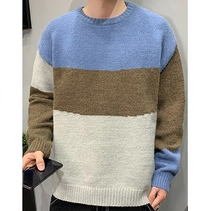 Casual Men's Sweater Round-Neck Striped Slim Fit Knittwear Mens Tops Soft Winter Pullover Cotton Warm Solid Men Knitted Sweaters