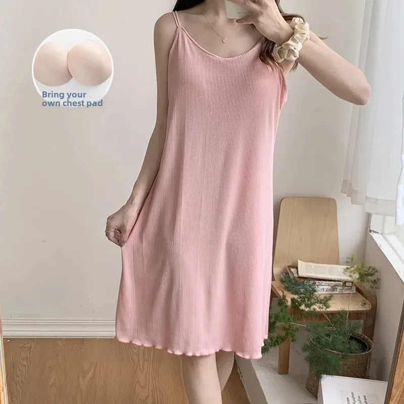 Sexy Cotton Open-back Tank Sleep Dress Women's Summer Nightgown Chest Pad Medium-length Solid Color Homewear