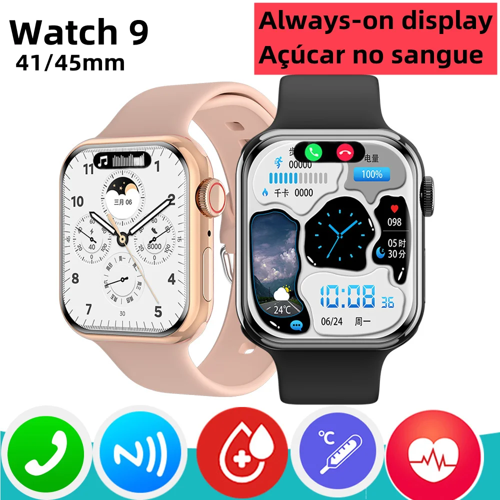 

Watch 9 Mini Smart Watch Women Blood Glucose Body Temperature BT Call NFC AOD Fitness Men Series 8 Smartwatch for Apple Android
