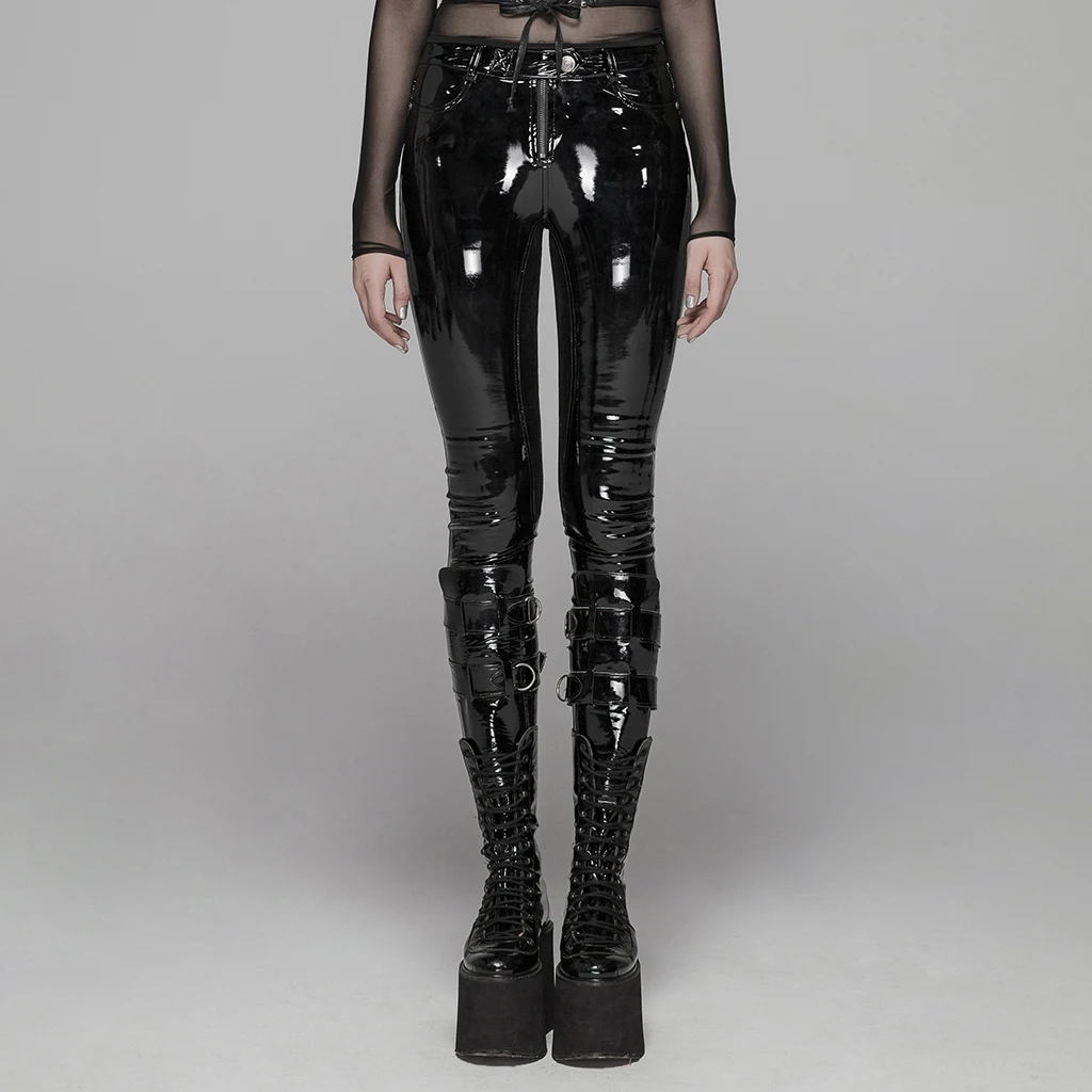 PUNKRAVE Women's Punk Patent Leather Pants Simple Style Fashion Party Stage Performance Club Skinny PU Leather Trousers