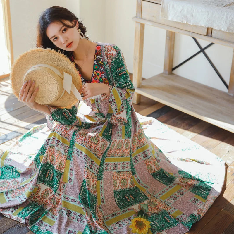 

SuperAen 2022 Bohemian Embroidery Slim V-Neck Printing A-LINE Casual Ankle-Length Dresses Women