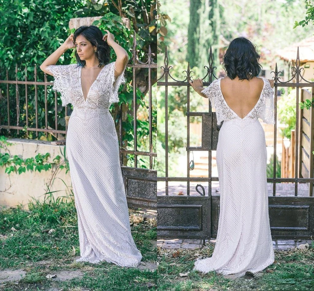 

Elegant Full Lace Deep V Neck Mermaid Bohemian Wedding Dress Cheap Open Back Sheath Beach Boho Bridal Gown Plus Size