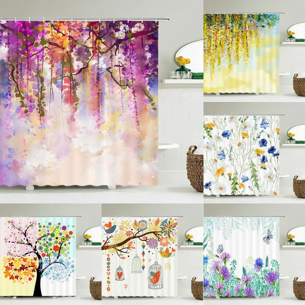 

Cortinas de ducha con patrón fresco de flores y plantas, tela impermeable, decoración de baño, tamaño múltiple, 240x180