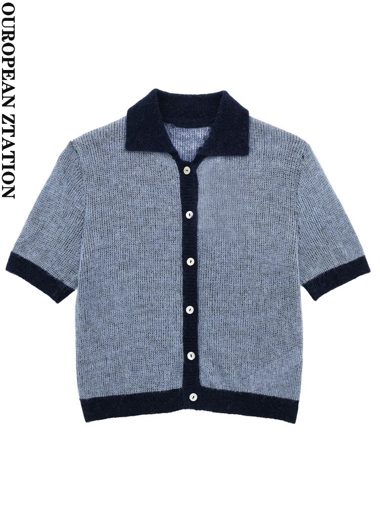 

Модный женский укороченный вязаный кардиган PAILETE 2022, свитер, винтажный воротник поло, женская верхняя одежда с коротким рукавом, шикарные то...