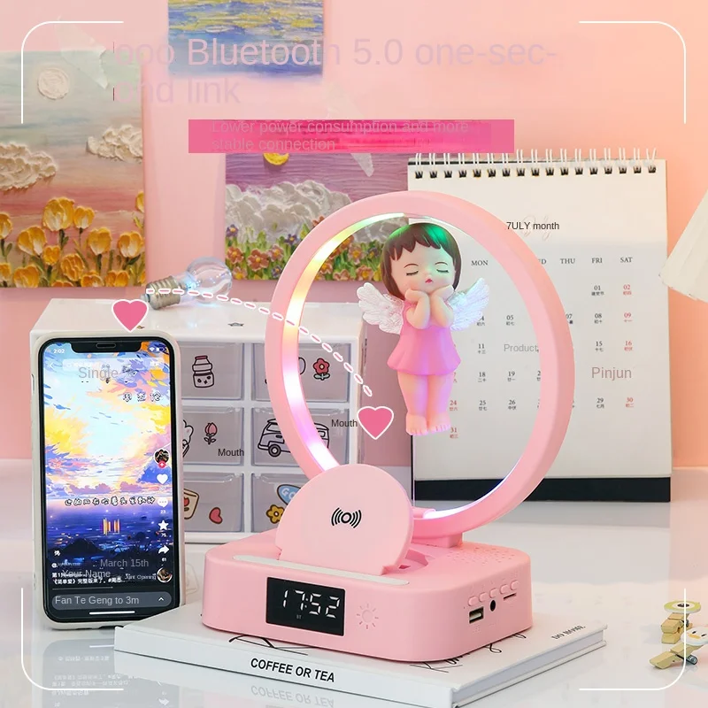 Прикроватная лампа с синими зубьями и динамиком, Беспроводная зарядка, прикроватный светильник, магнитный ангел, красный зелёный синий, фотографический дисплей с интерфейсом USB для Auxtf