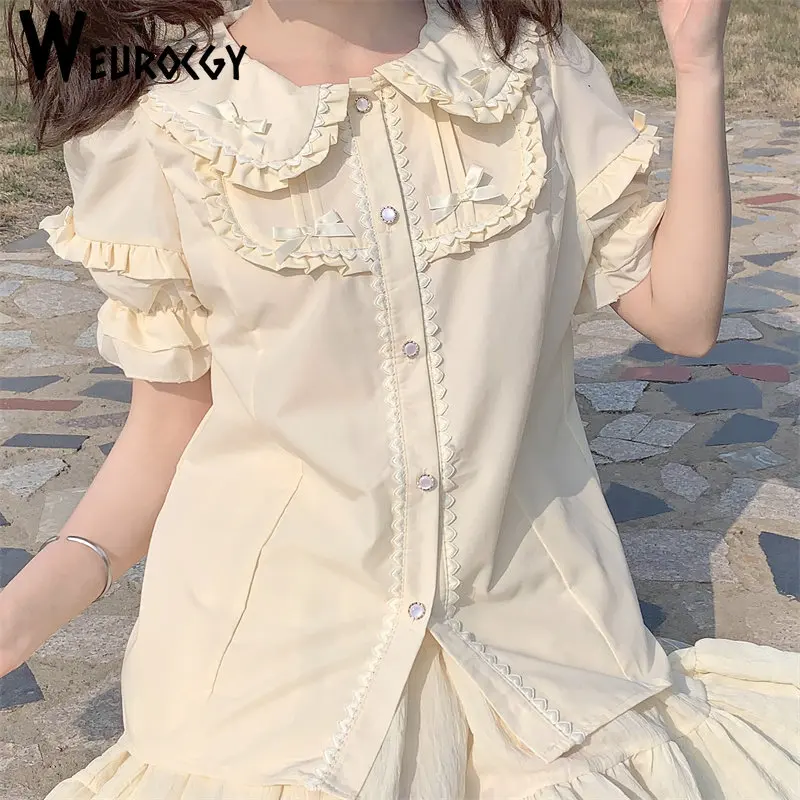 

Gothic Y2k Tops Vintage Victorian Kawaii Lolita Blouses Women Japanese Sweet Bow Lace Ruffle Detachable Long Sleeve Shirts Girls