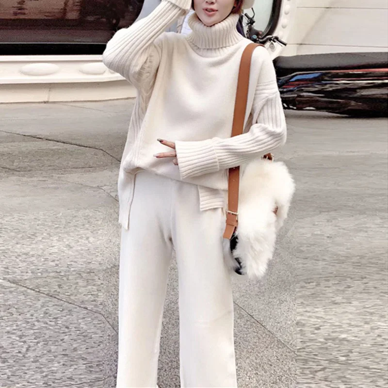 

Sweater Set Warm suit for Women Winter Knitted Suits 2 Piece Set Soild Turtleneck Sweater + Loose Trousers Office Lady Suit