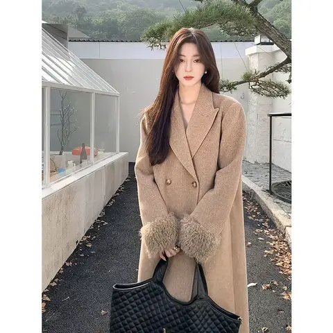 Женское шерстяное пальто, свободное утепленное пальто средней длины в Корейском стиле Хепберн, Осень-зима 2023