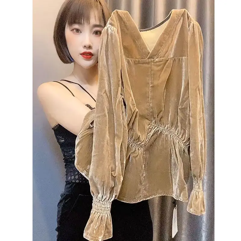 

Shirts Tees Top Full Sleeve V-neck Collar Pullover Solid Regular Cotton New Fashion Casual Simple Spring Autumn Female