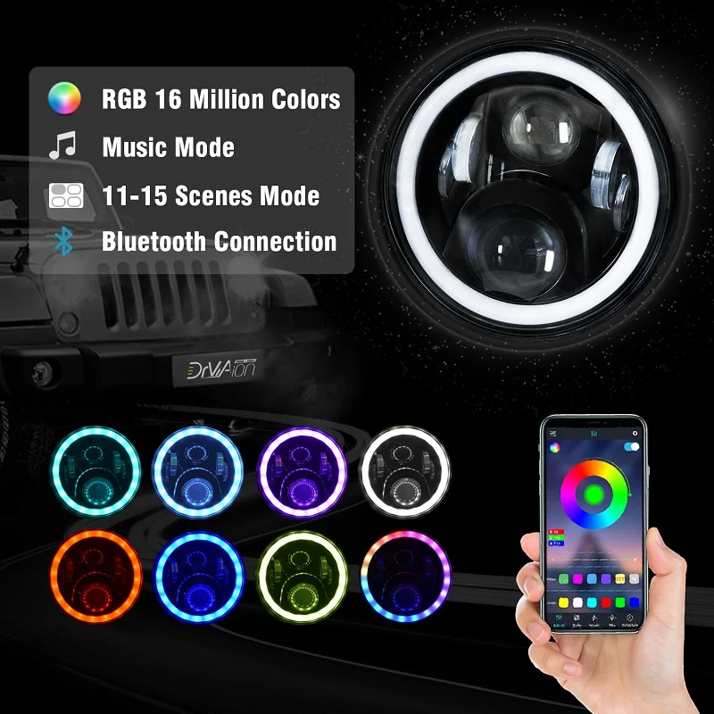 2 шт. APP Control 7-дюймовая светодиодная фара RGB Angel Eye DRL Halo Ring Автомобильный