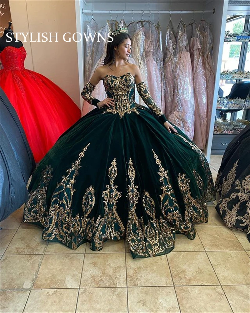 

Green Sweetheart Ball Gown Quinceanera Dress Sequined Birthday Party Gown Appliques Prom Dresses With Sleeve Vestido De 15 Anos