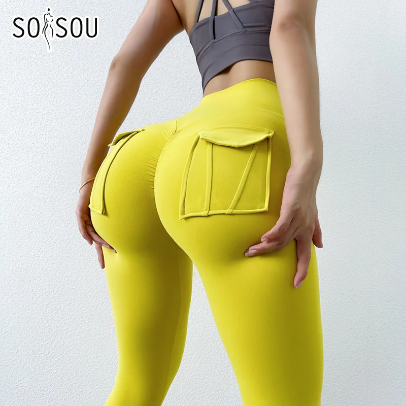 

SOISOU Nylon Leggings Women's Pants Sport Yoga Pants Sexy Tight High Waist Elastic Women's Panties Pocket legging mujer