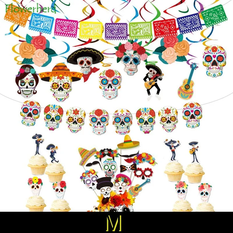 

Picado Papel Banner Felt Mexican Fiesta Banners Fiesta Party Decoration Spiral Pendants Ghost Paper-cut Day of The Dead Banner