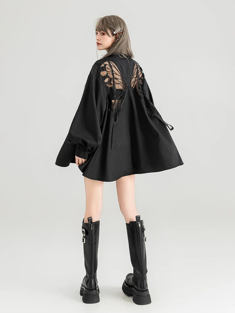 Летняя Тяжелая промышленная Вышивка бабочки черная рубашка с коротким рукавом