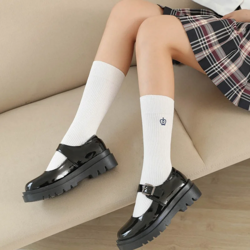 

Japanese College Style Crown Embroidery Tube Socks Korean Style Pure Color All-Matching Calf Socks JK Uniform Double Needle Bunc