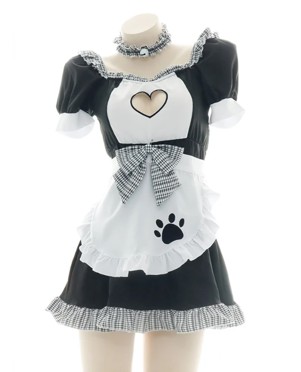 

Sweet Lolita Dress Maid Cosplay Costume Women Lovely Anime Cat Cute Heart Hollow Out Plaid Ruffle Dress