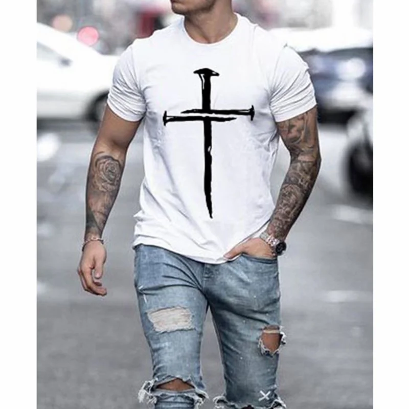 

Summer new hot men's T-shirt Jesus Cross 3D printing simple street casual style 2xs-6xl large size