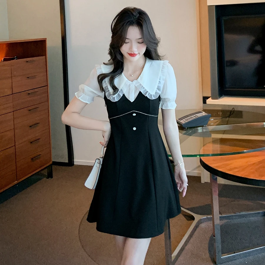 

Women One Piece Ladies Korea Dress Summer New Patchwork Peter Pan Collar White Purple Sleeves Dresses Dropshipping