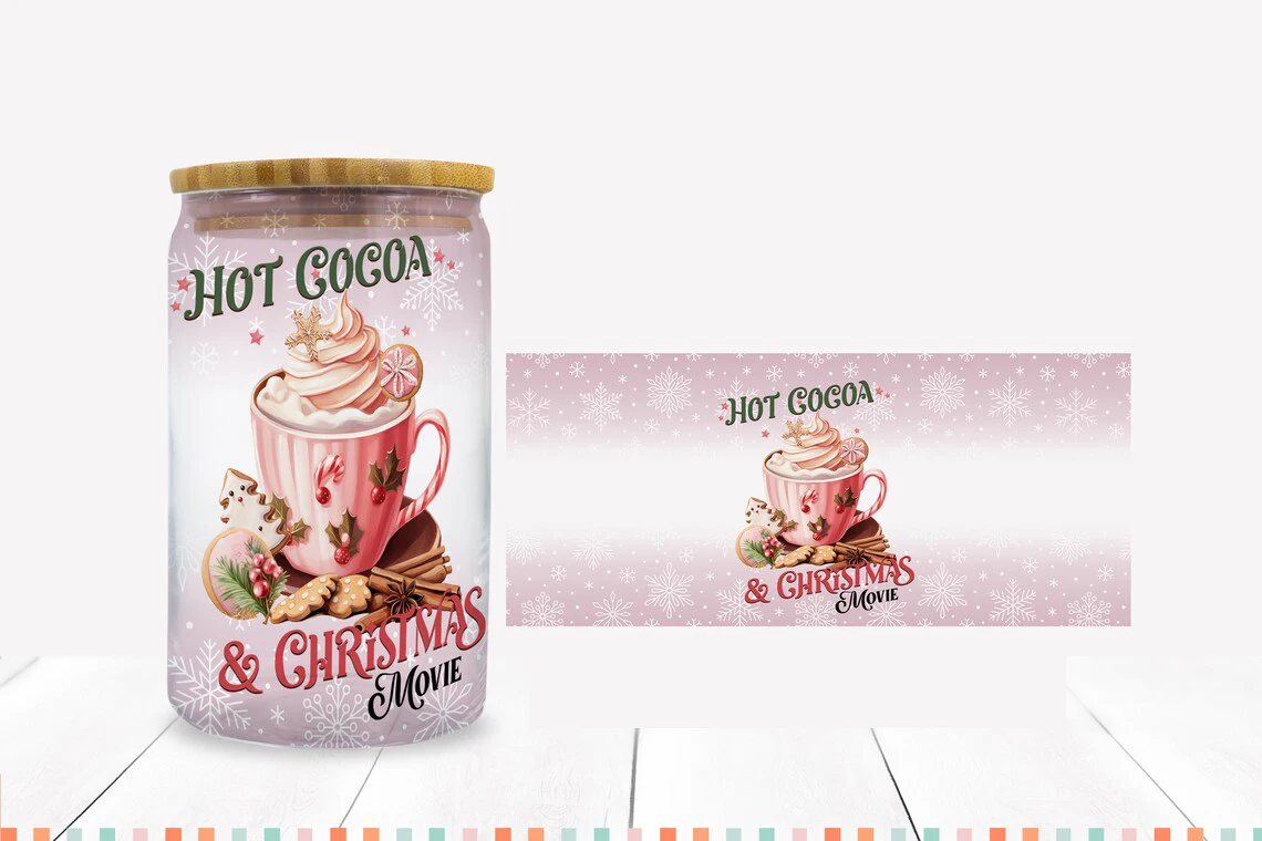 

Hot Cocoa UV DTF Cup Wrap for 16Oz Libbey Glass Can DIY Transfer Sticker Christmas Movie