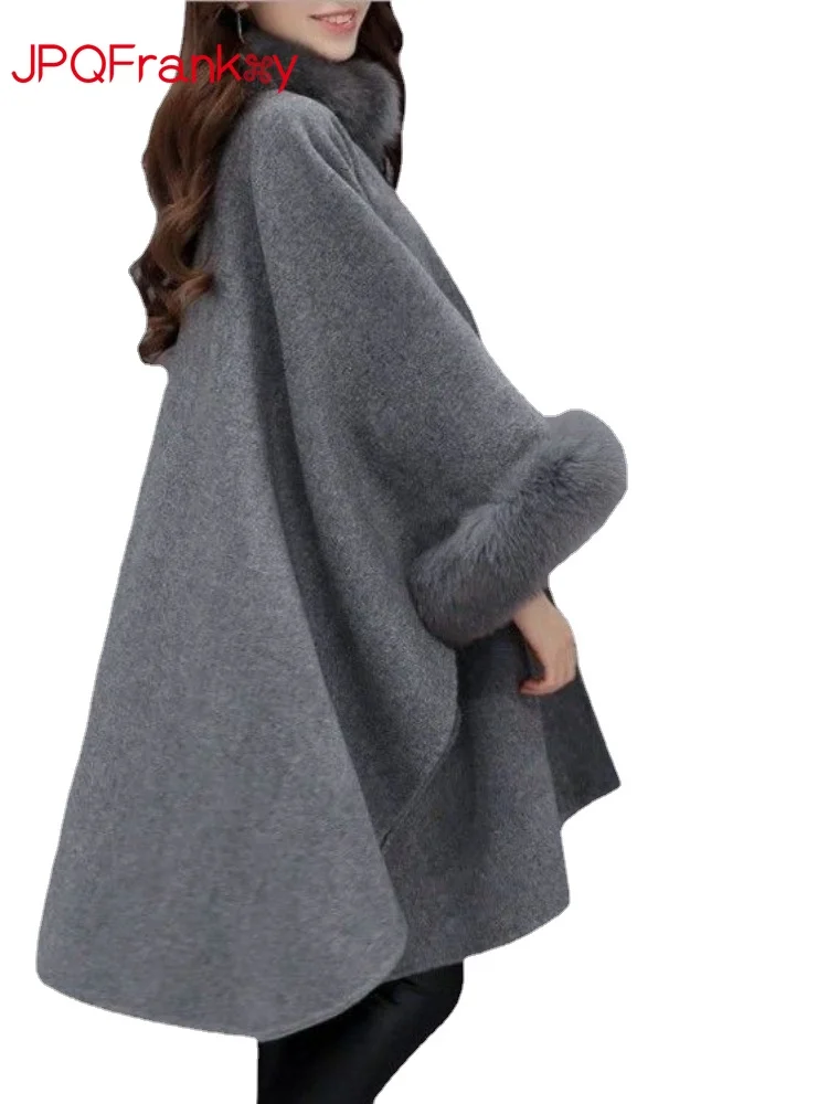 

Woolen Coat: Women's Autumn and Winter Middle Length Thickened Foreign Style New Coat Cardigan Women Hooded Cloak Black Cape