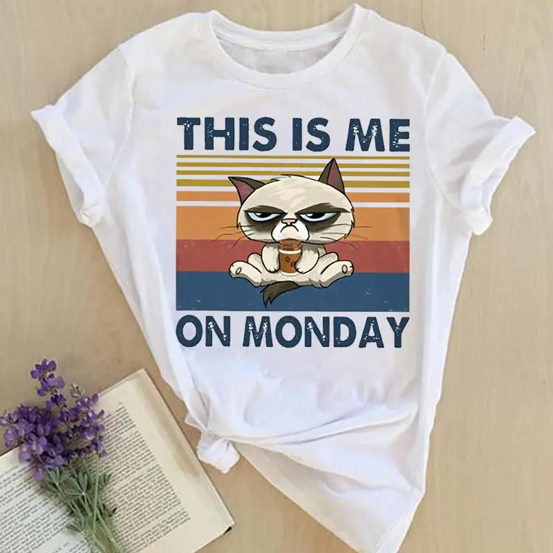 

Женские топы с принтом, одежда, футболки с коротким рукавом, женская летняя забавная модная женская футболка в полоску с котом И кофейным пр...