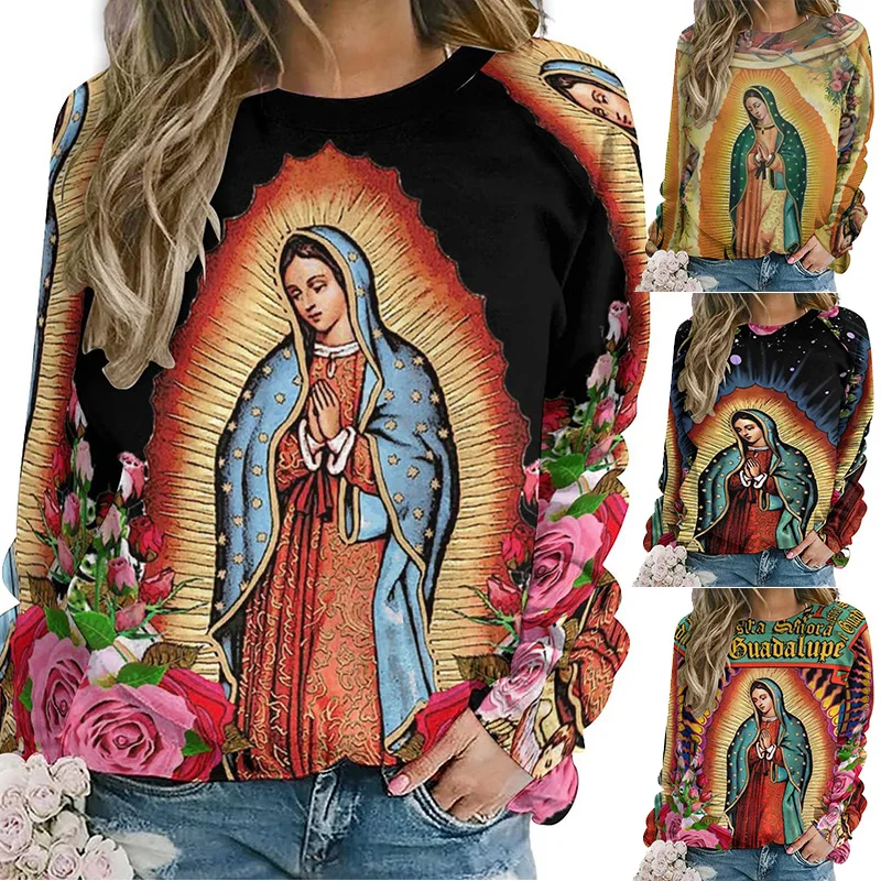 

Дева Мария толстовки с длинным рукавом нашей леди Гуадалупе Печатный Круглый вырез пуловер осенние свободные футболки для женщин Свитшот блузка