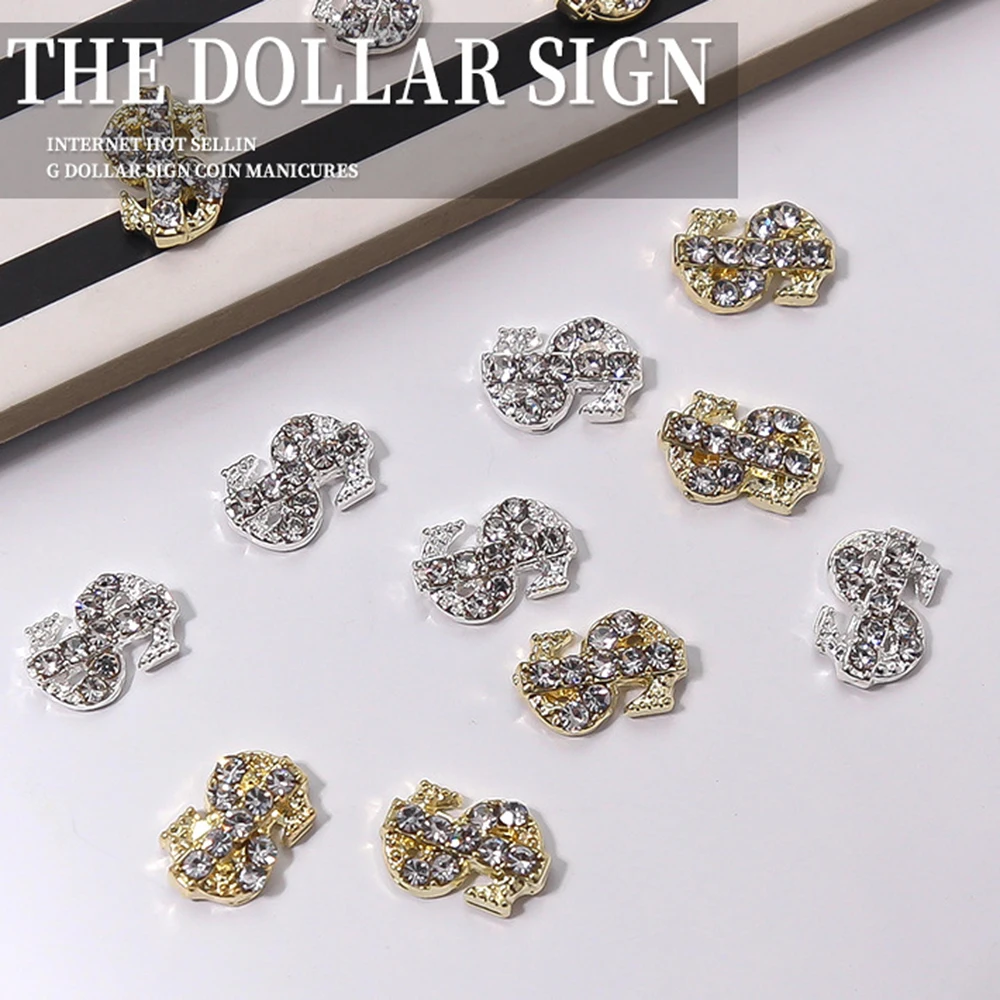 

100pcs USD Dollars Design Nail Charms Gold Silver Color Metal Alloy Coin Nail Art Jewelry Rhinestone Nail Art Decoration 6*9MM *