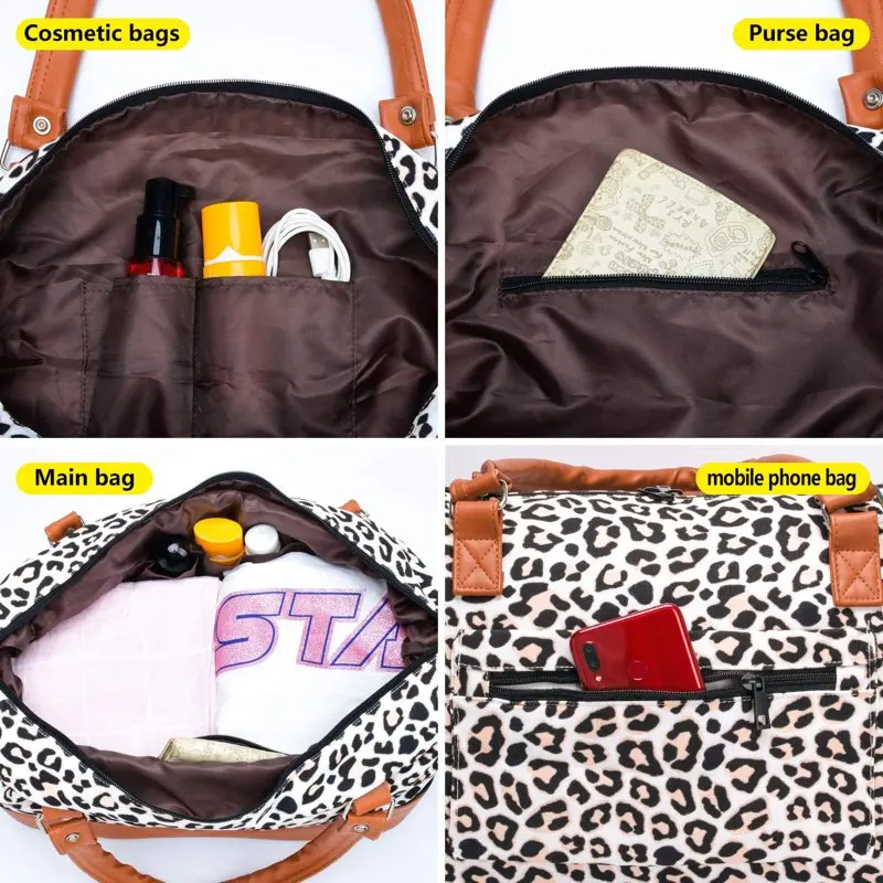 Women Travel Duffle Bag Carry On Tote Weekender Overnight Bag - PU Leather Shoulder Strap Leopard 18 Inch