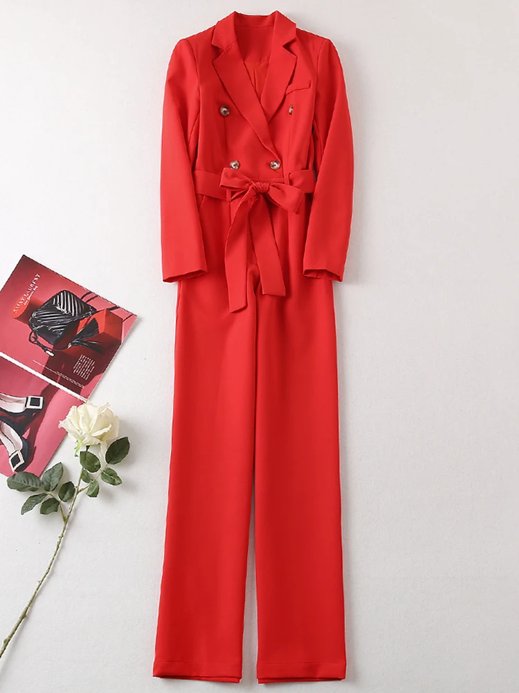 Fashion Jumpsuit 2022 Autumn Women's New Designer High Quality Long Sleeve Lapel Button Casual Party Red Long Sleeve Trousers