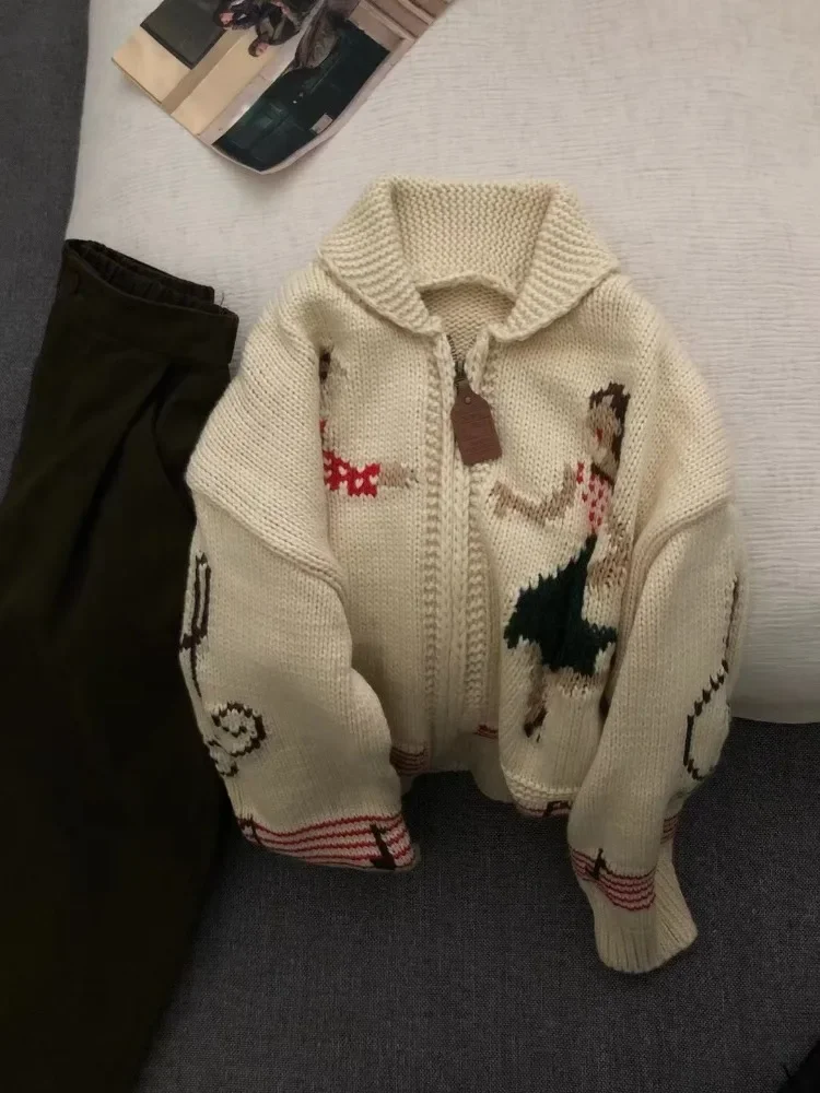 Корейский винтажный жаккардовый свитер Korobov вязаный кардиган контрастных цветов