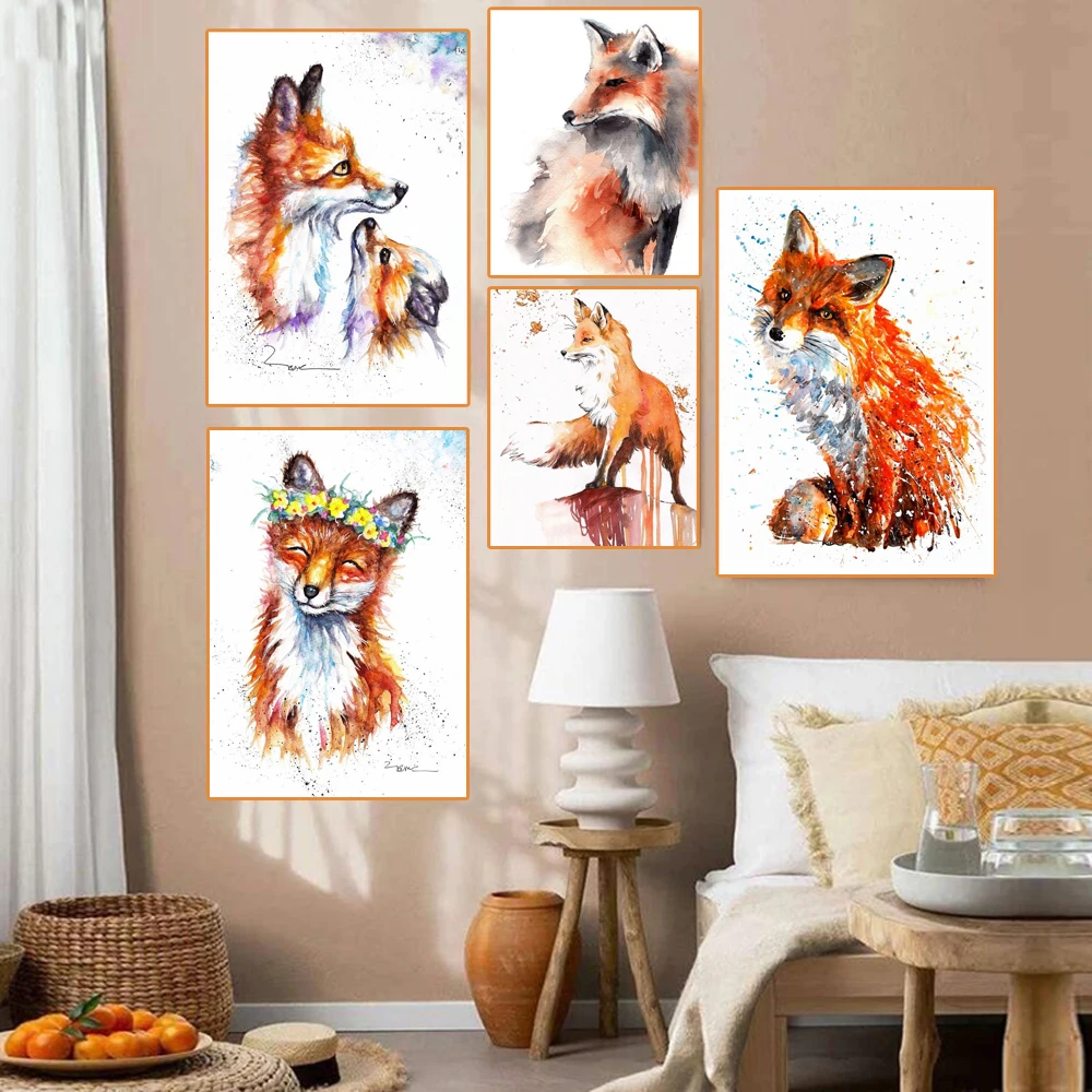 

Abstract Watercolor Fox Cartoon Canvas Painting Modern Animal Prints and Poster Wall Art Picture for Living Room Home Decor