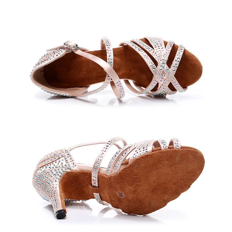 HROYL Dance Shoes High Heels Women Thin Heeled 10CM Shiny Rhinestone Ballroom Salsa Dancing Shoes Party Performance Sandals