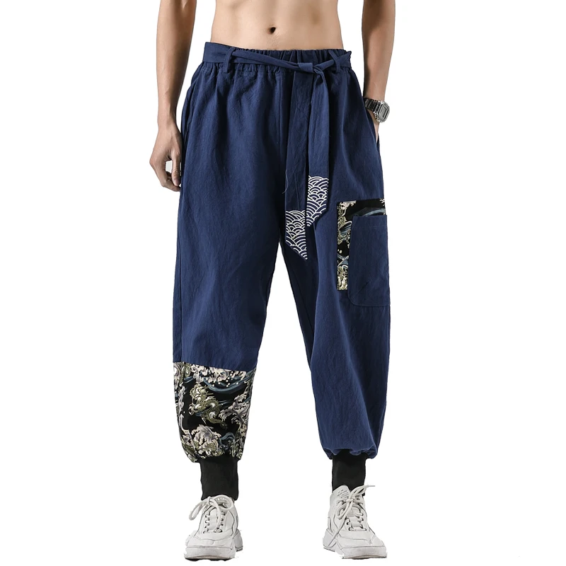 Chinese Style Linen Cotton Casual Pants Embroidery Tooling Bloomers for Men