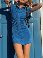 2022 summer blue sexy mini short sleeve dress women slim hip lift elastic fashion aesthetic casual female clothing korean style