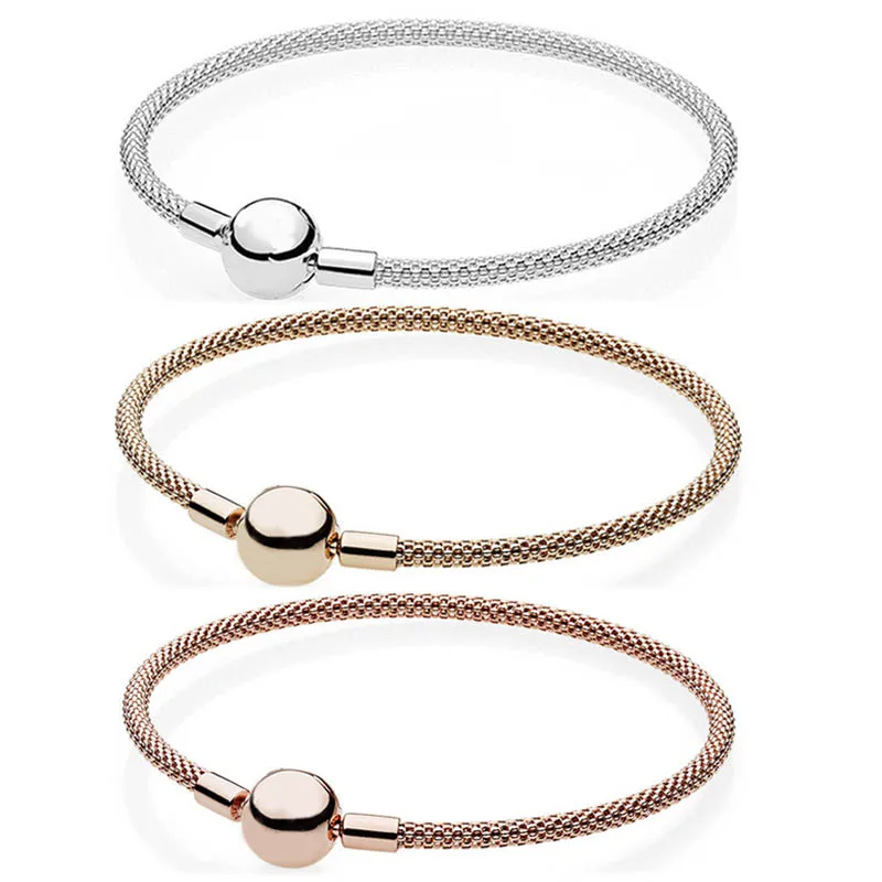 

Authentic 925 Sterling Silver Bangle Rose Gold Snake Chain Basic Ball Clasp Mesh Bracelet Fit Women Bead Charm Pandora Jewelry
