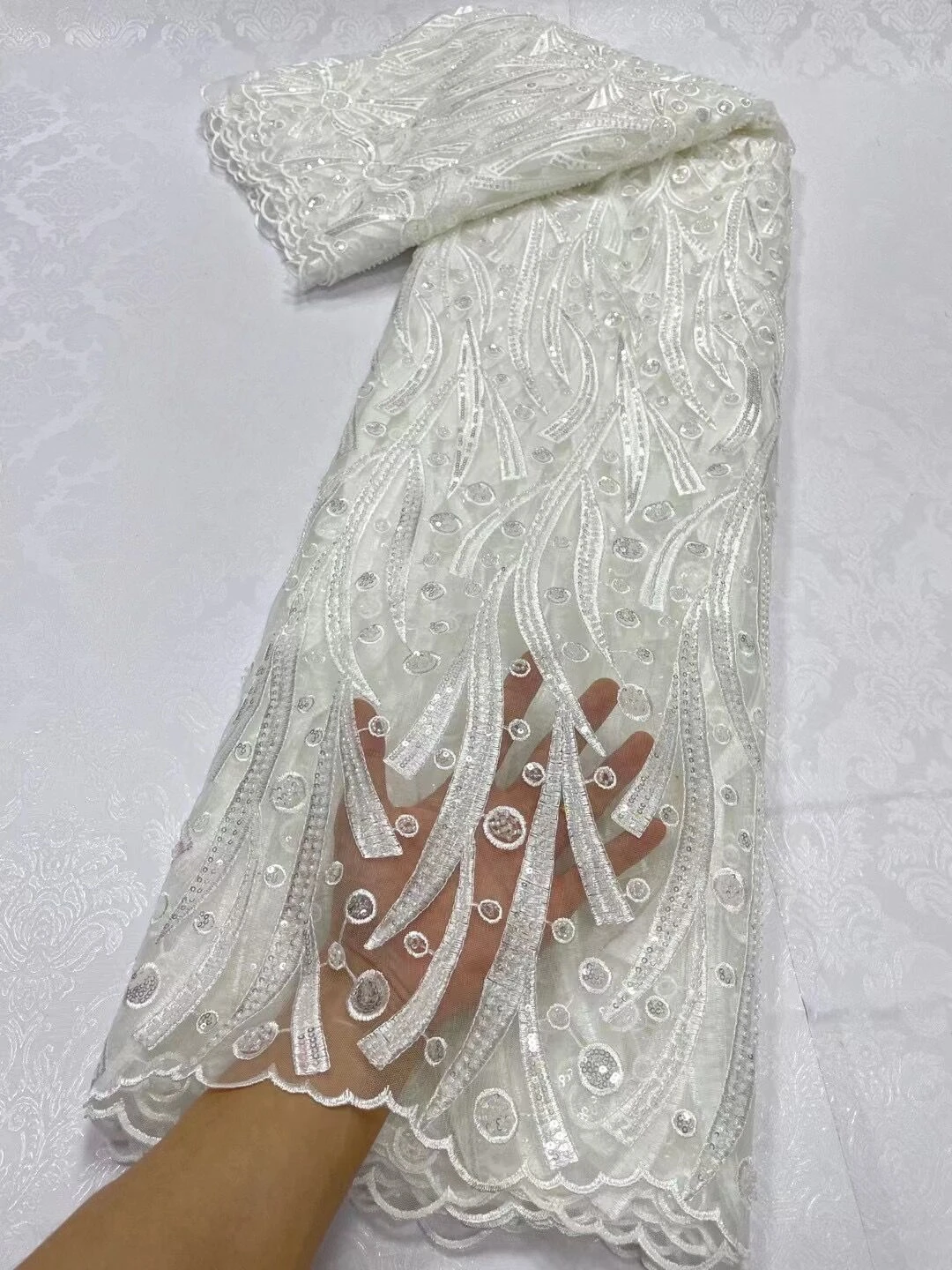 

2023High Quality African Nigerian Lace Fabric Embroidery Tulle Pure Wedding Party Dress Guipure SequinsFor Sewing Beads 5yards