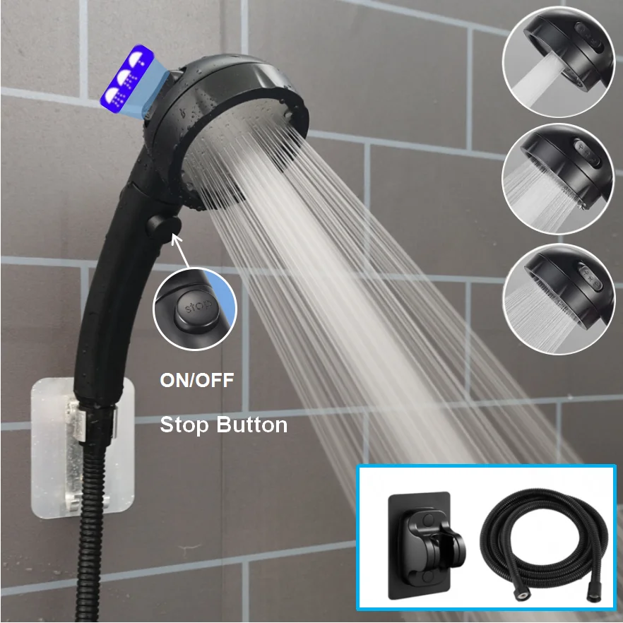 

3 Modes Adjustable Black Shower Head High Pressure Handheld Showers Pressurized Bathroom Showerhead Set with Hose and Holder