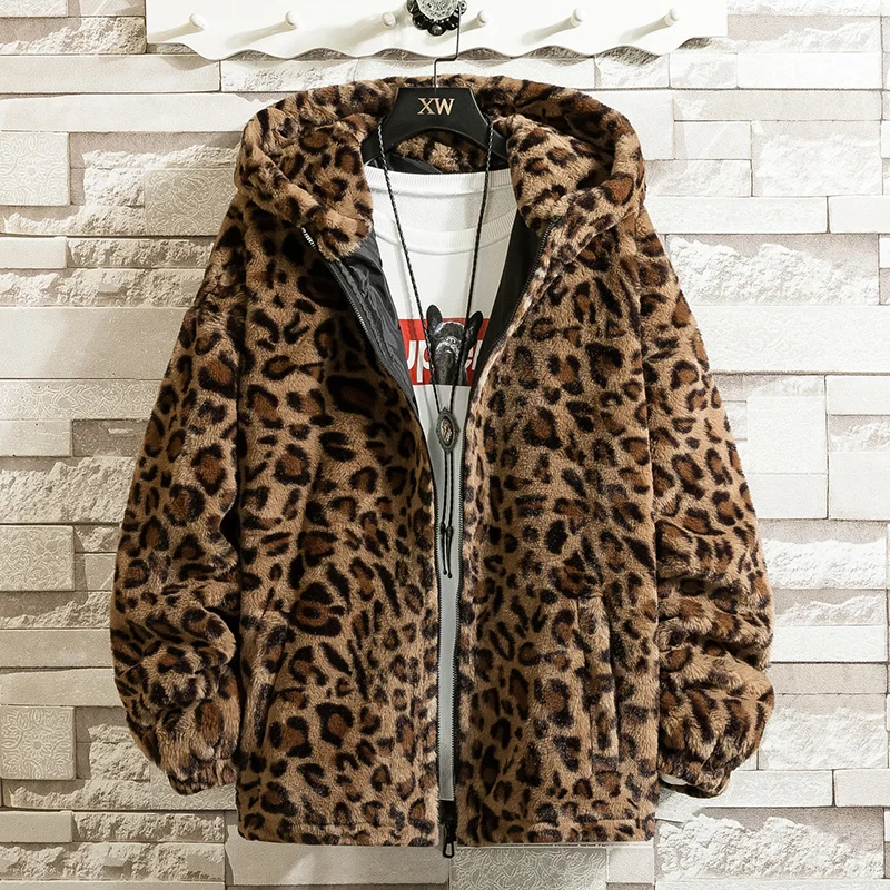 

Autumn Soft Leopard Jacket Men Zipper Hoodies Hooded Coat Fashion Causal Street Outerwear Loose Windbreaker Clothing Male Female