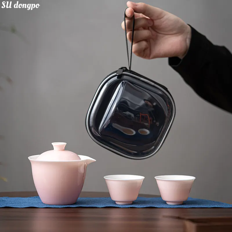 

Pink Ceramic Travel Tea Set Portable Outdoor Tourism Tea Pot for Girl One Pot Two Cups Small Fresh Gaiwan Tea Cup for Green Tea