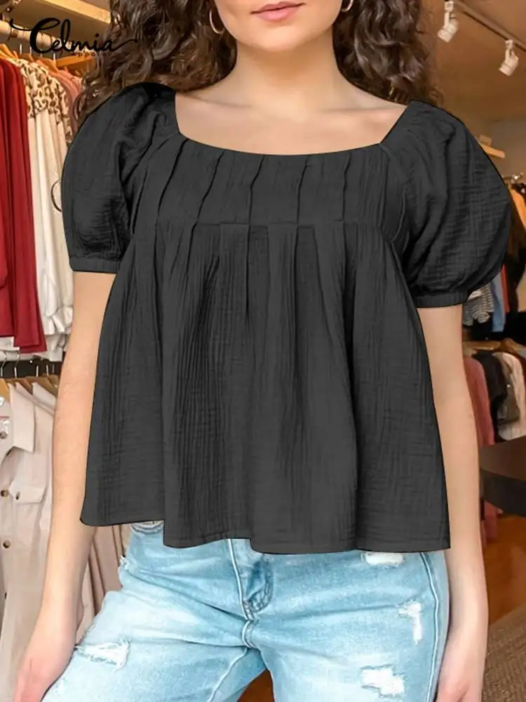 

Блузка Celmia женская с пышными короткими рукавами, летние топы с квадратным вырезом, Повседневная Свободная плиссированная рубашка, празднич...